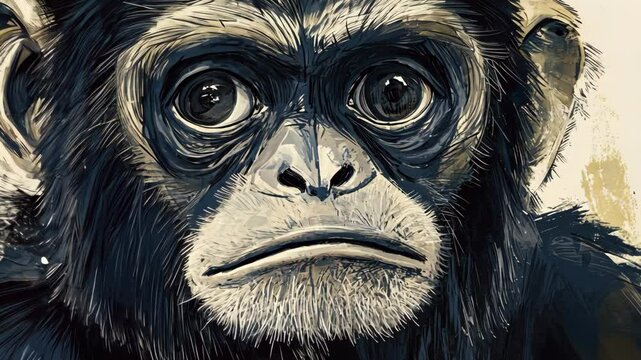A close-up of a chimpanzee's face, with deep, expressive eyes