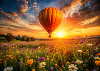 Fototapeta premium Large Orange Balloon Floating Above a Flower Field - Silhouette Photography