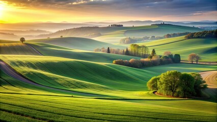 Fototapeta premium Rolling green fields in misty dawn light , nature, landscape, foggy, morning, tranquil, serene, countryside, rural, grass, scenic