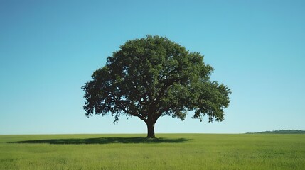 A majestic oak tree standing alone in a vast green field under a clear blue sky