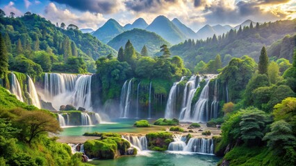 Obraz premium Chinese landscape scene featuring cascading waterfalls, lush pine trees, and serene rolling hills