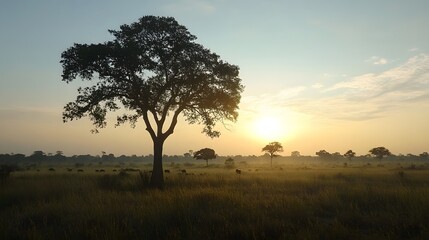 Obraz premium A tree in a savanna, silhouetted against the rising sun with wildlife grazing nearby