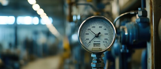 Close-up of a pressure gauge mounted on a pipe in a factory setting.