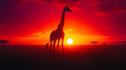 Fototapeta premium A lone giraffe stands silhouetted against a fiery sunset in the African savanna.