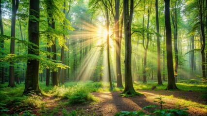 Naklejka premium A blurred background of a serene forest setting with soft sunlight filtering through the leaves, forest, trees, nature
