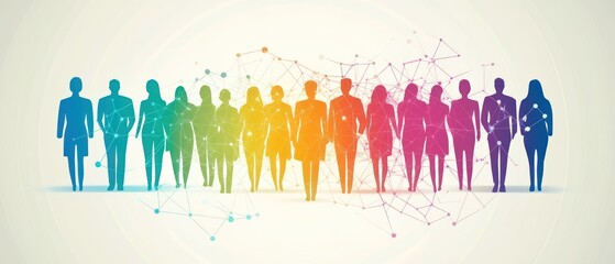 Colorful silhouettes of people connected by lines in a network.