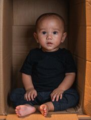 A wonderfully cute toddler is happily exploring the world from inside a cardboard box