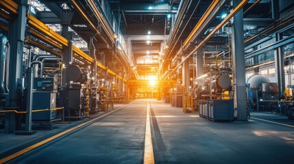 Industrial plant machinery, with heavy equipment and automated systems operating in a spacious factory, showcasing precision and engineering.