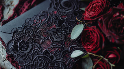 A gothic wedding invitation featuring black lace, intricate Victorian-style fonts, and deep red accents for a mysterious, elegant feel.