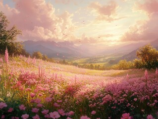 Obraz premium a picturesque summer flower meadow, adorned with pink wildflowers and blossoming lilac bushes, bathed in gentle morning sunlight, creates an idyllic spring scene under soft pink clouds
