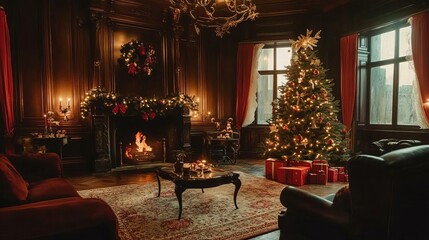Cozy Christmas Living Room with Festive Decor and Warm Ambience