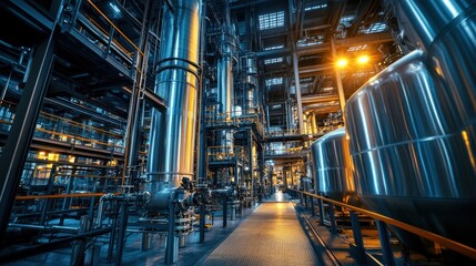 Fototapeta premium Processing equipment inside an industrial plant, handling raw materials and refining them into finished products, showcasing industrial engineering.
