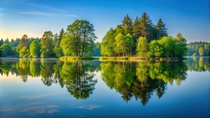 Fototapeta premium Reflection of trees in a calm lake , nature, trees, reflection, water, lake, serene, peaceful, landscape, outdoors, tranquil