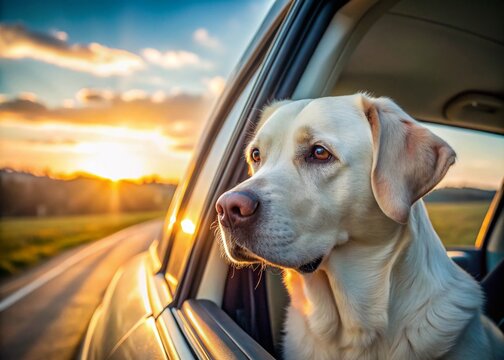Long Exposure of a White Labrador Retriever in Car Passenger Seat with Open Window