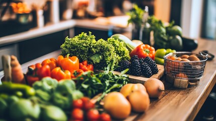Close-up of vibrant fresh vegetables and fruits on wooden table, symbolizing healthy blood pressure foods, emphasizing natural nutrition and wellness.