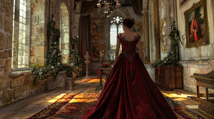 Naklejka premium A medieval bride wearing a flowing velvet gown, with intricate embroidery, standing in a castle hall decorated for her wedding.