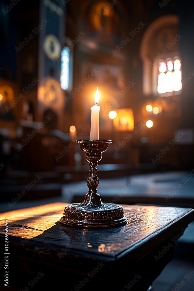 Canvas Prints A single candle burning on a wooden table in a dimly lit church.