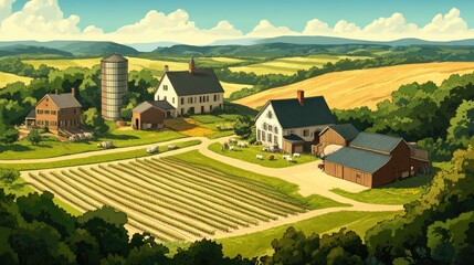 Naklejka premium A rural farmstead with a barn, silo, and farmhouse surrounded by expansive crop fields and green pastures.