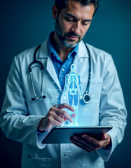 Doctor Holding Tablet with Holographic Digital Healthcare Interface