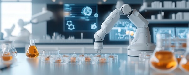 A hightech pharmaceutical laboratory with robotic arms analyzing chemical compounds on glass petri dishes, surrounded by molecular diagrams and holographic data displays