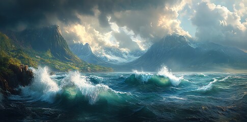 Fototapeta premium Dramatic seascape with crashing waves in front of majestic mountains and stormy clouds.