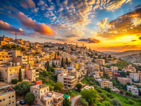 Long Exposure Panorama of Beit Jala City in West Bank with Residential Buildings and Border Landscape