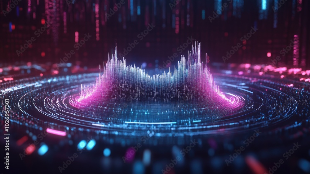 Poster abstract circular sound equalizer with pulsing waves flowing across the frequency spectrum, dynamic 