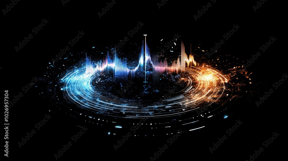 Poster abstract digital equalizer in circular form with bright sound waves representing the audio spectrum,