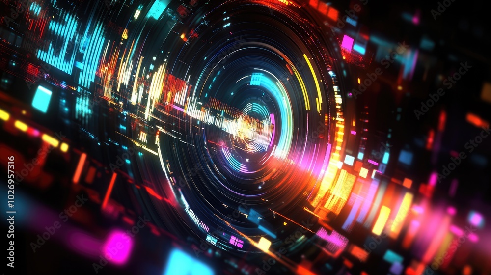 Poster abstract circular sound equalizer with pulsing waves flowing across the frequency spectrum, dynamic 
