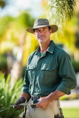 Fototapeta premium Skilled Male Landscaper in Green Attire Working Outdoors in the Garden