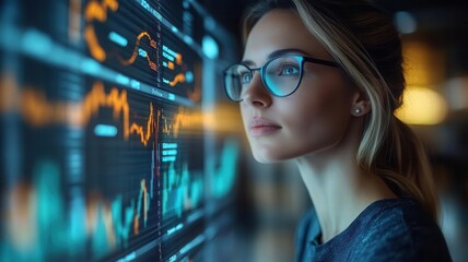 Businesswoman reviewing digital financial analytics with investment growth charts, business investing, financial planning