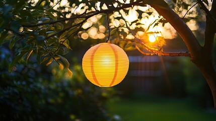 Obraz premium A glowing yellow lantern hanging from a tree branch during a garden party, providing soft illumination as the sun sets.