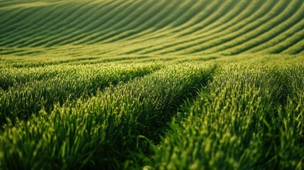 Obraz premium A green agricultural field stretching into the distance, the neat rows of crops showcasing sustainable farming and growth.