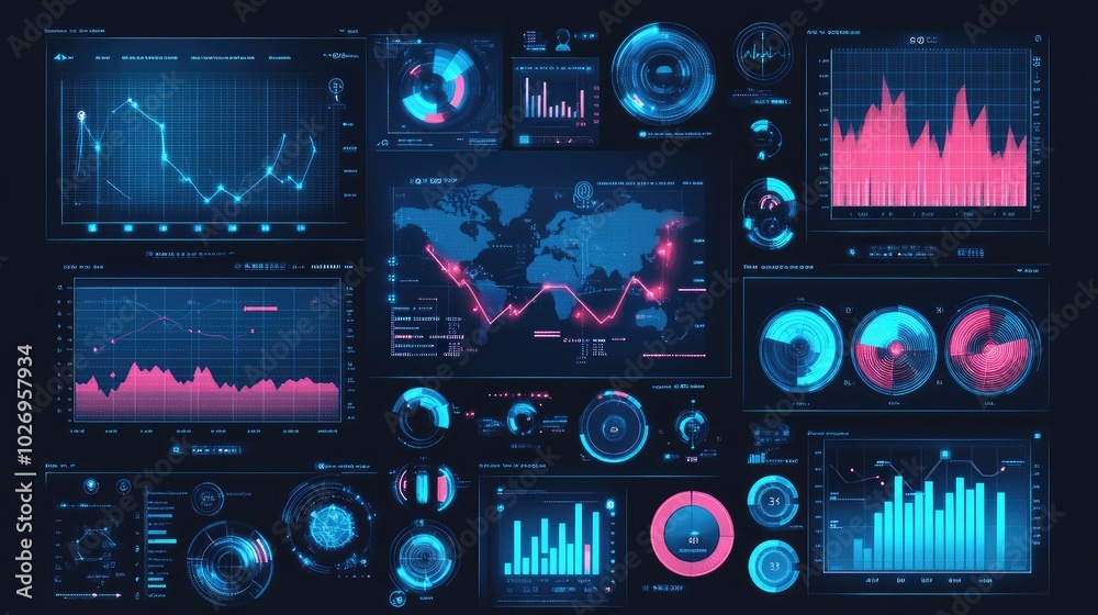 Poster big data analytics and business intelligence concept with interconnected digital graphs and charts.