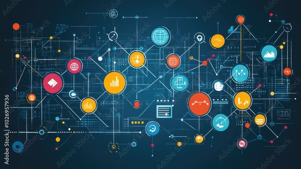 Poster big data analytics and business intelligence concept with interconnected digital graphs and charts.