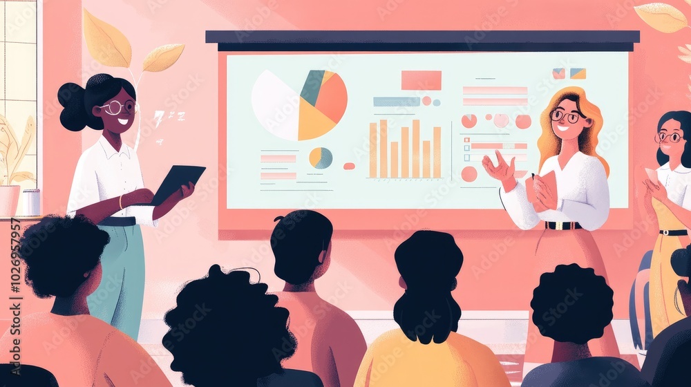 Poster business analyst presenting key data insights to a diverse team, with data visualizations on a proje