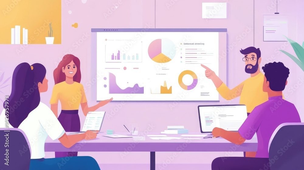 Poster business analyst presenting key data insights to a diverse team, with data visualizations on a proje