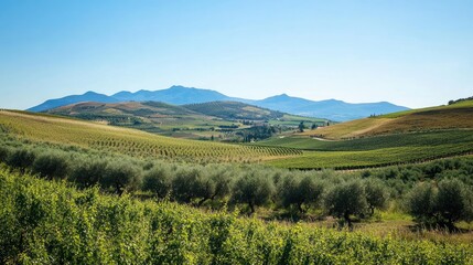 A green landscape dotted with olive trees and vineyards, with mountains in the background under a clear blue sky.