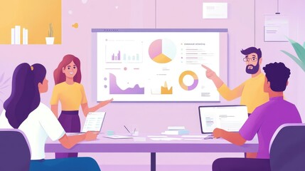 Obraz premium Business analyst presenting key data insights to a diverse team, with data visualizations on a projector screen.