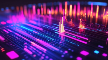 Circular equalizer glowing with sound waves, traveling through the frequency spectrum, abstract digital sound design.