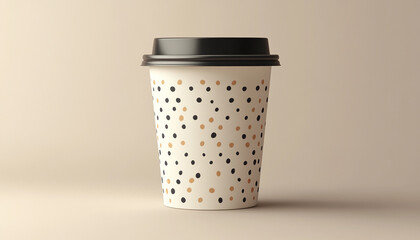 A single disposable coffee cup with a black lid, featuring a repeating pattern of black and brown dots on a white background, isolated against a pale background.