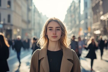 Fototapeta premium A young woman stands in a busy city street, looking directly at the camera.