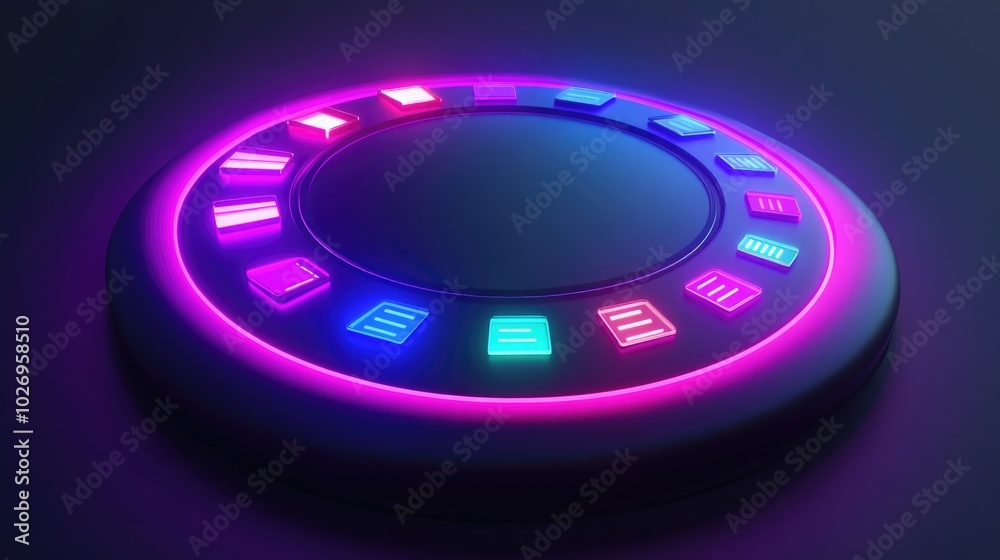 Poster futuristic tech display with glowing 3d text boxes arranged in a circular interface, representing fu