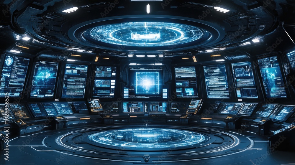 Poster futuristic tech display with glowing 3d text boxes arranged in a circular interface, representing fu