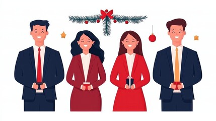 Four professionals in festive attire hold gifts, celebrating a cheerful holiday spirit with decorations in a joyful atmosphere.