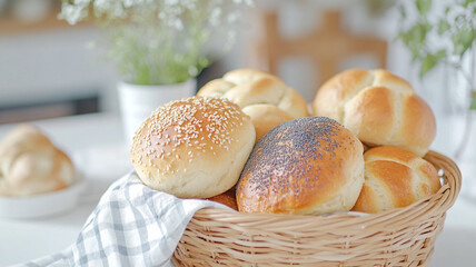 Freshly baked homemade buns with various toppings, including sesame and poppy seeds, arranged in woven basket. Perfect for any meal or gathering, these buns add delightful touch to your table