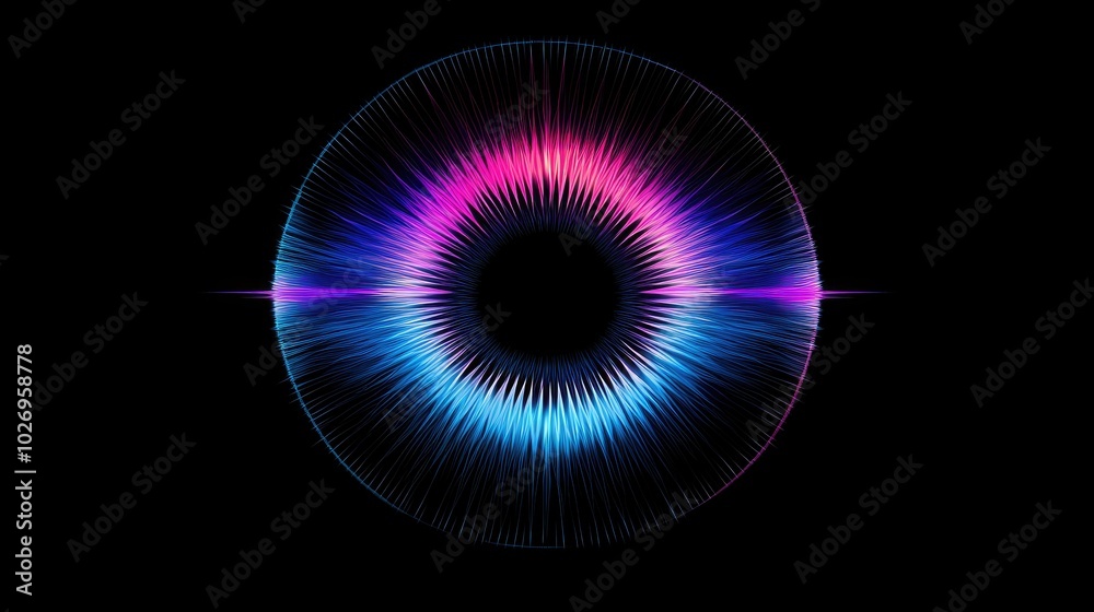 Poster Pulsating circular equalizer with sound waves spreading across the frequency spectrum, abstract music visualization.