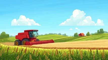 Fototapeta premium Modern farm with rows of crops, a farmer operating a combine harvester under a clear sky, sustainable agriculture.