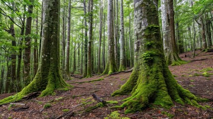 Obraz premium Lush Green Moss Covering Tree Trunks in a Dense Forest