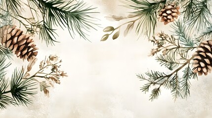 Naklejka premium Soft watercolor illustration of pine branches and pinecones, featuring subtle green and brown hues, with an airy, open arrangement on a light background for a tranquil feel 